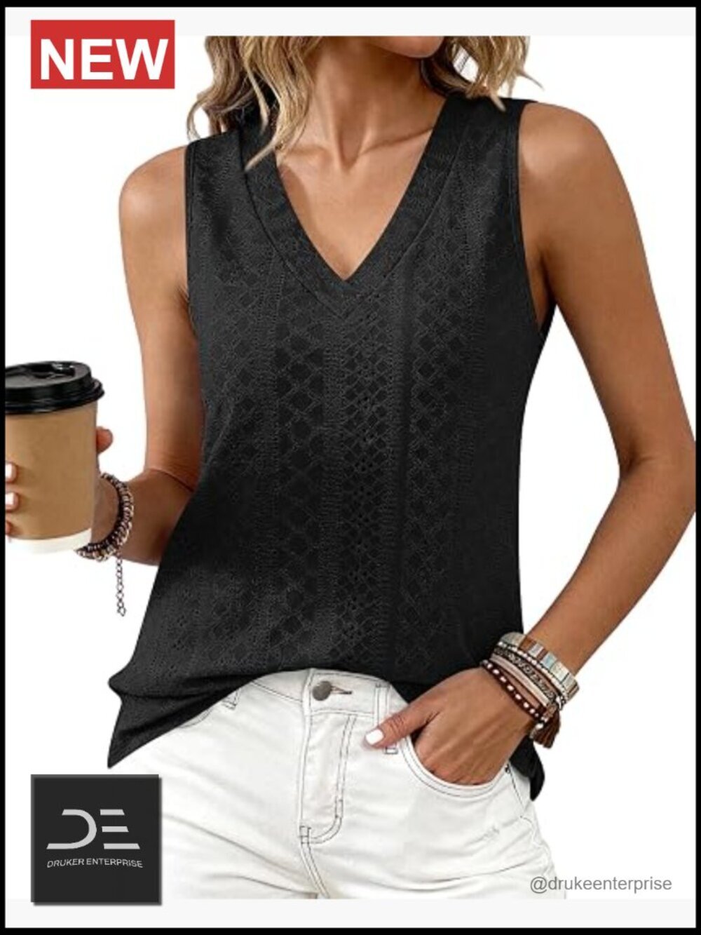 V Neck Sleeveless Tank Top Eyelet Embroidery Loose Fit Casual Summer Top